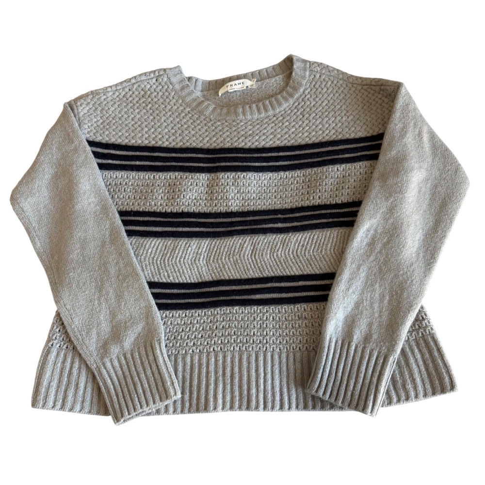 FRAME Gris Navy Blue Striped Wool Cashmere Crew Neck Sweater LWSW0135 Womens M